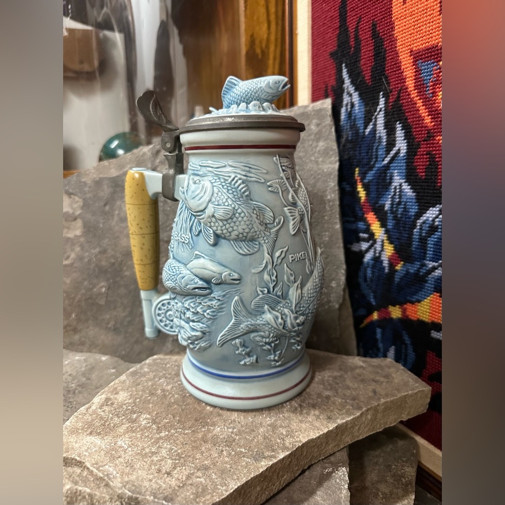 Avon Ceramic Stein with Fish Design in Blue and Tan